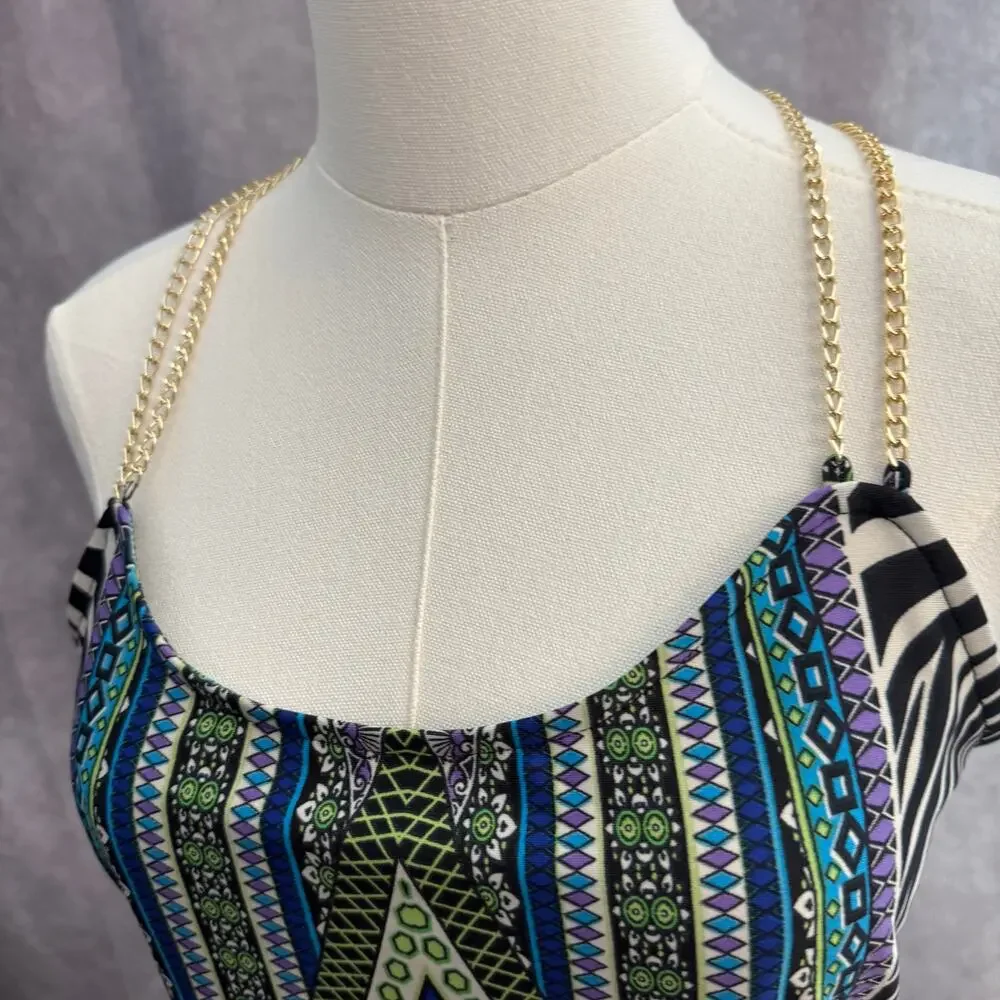 Venus Gold Chain Blouse Patterned Zebra Tribal Blue Black White Purple Green - Picture 2 of 10